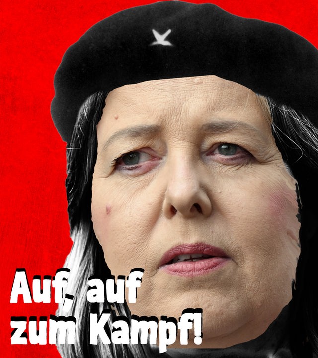 Montage: Bärbel Bas mit Che Guevara-Barett und Sprechblase: Auf, auf zum Kampf!
