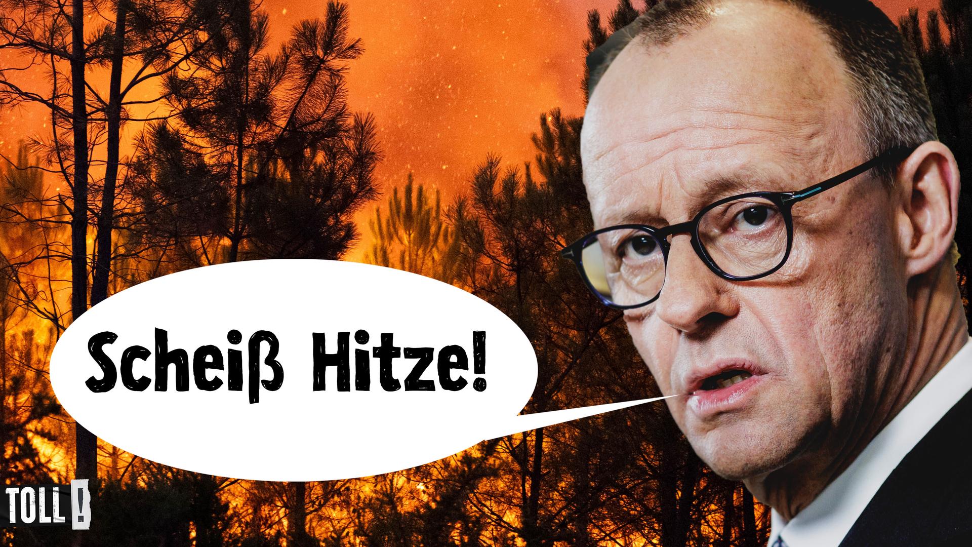 Vordergrund: Kopf von Friedrich Merz mit Sprechblase: Scheiß Hitze! | Hintergrund: brennender Wald