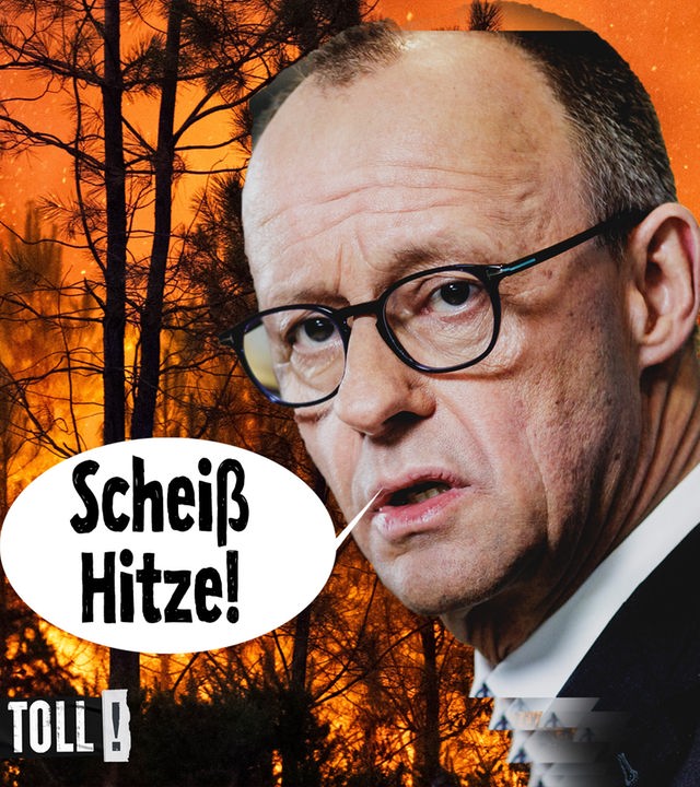 Vordergrund: Kopf von Friedrich Merz mit Sprechblase: Scheiß Hitze! | Hintergrund: brennender Wald