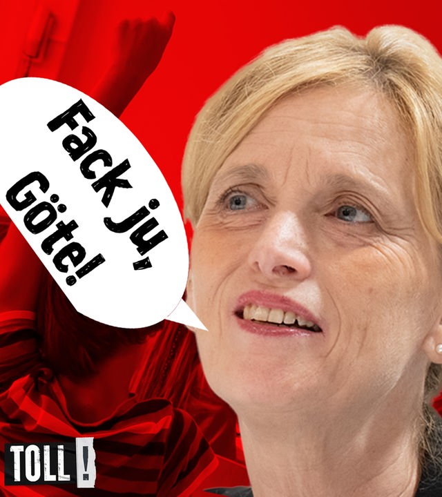 Montage: Bildungsministerin Karin Prien mit Sprechblase: Fack ju, Göte!