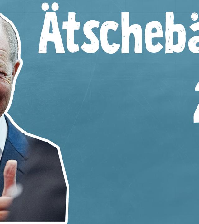 Bundeskanzler Olaf Scholz zeigt beide Daumen hoch und lacht in die Kamera; Text: Ätschebätsch 2023