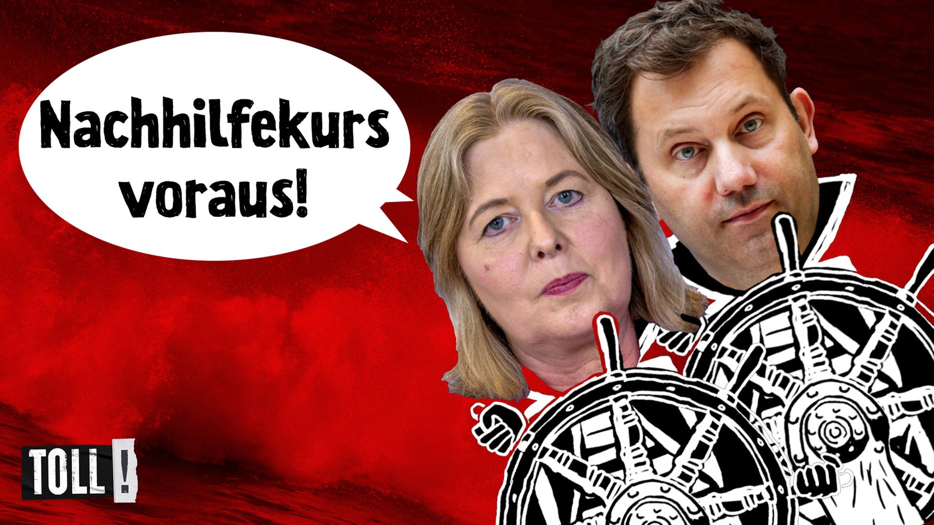 Die SPD-Vorsitzenden Bärbel Bas und Lars Klingbeil jeweils hinter einem Steuerrad mit Sprechblase: Nachhilfekurs voraus!