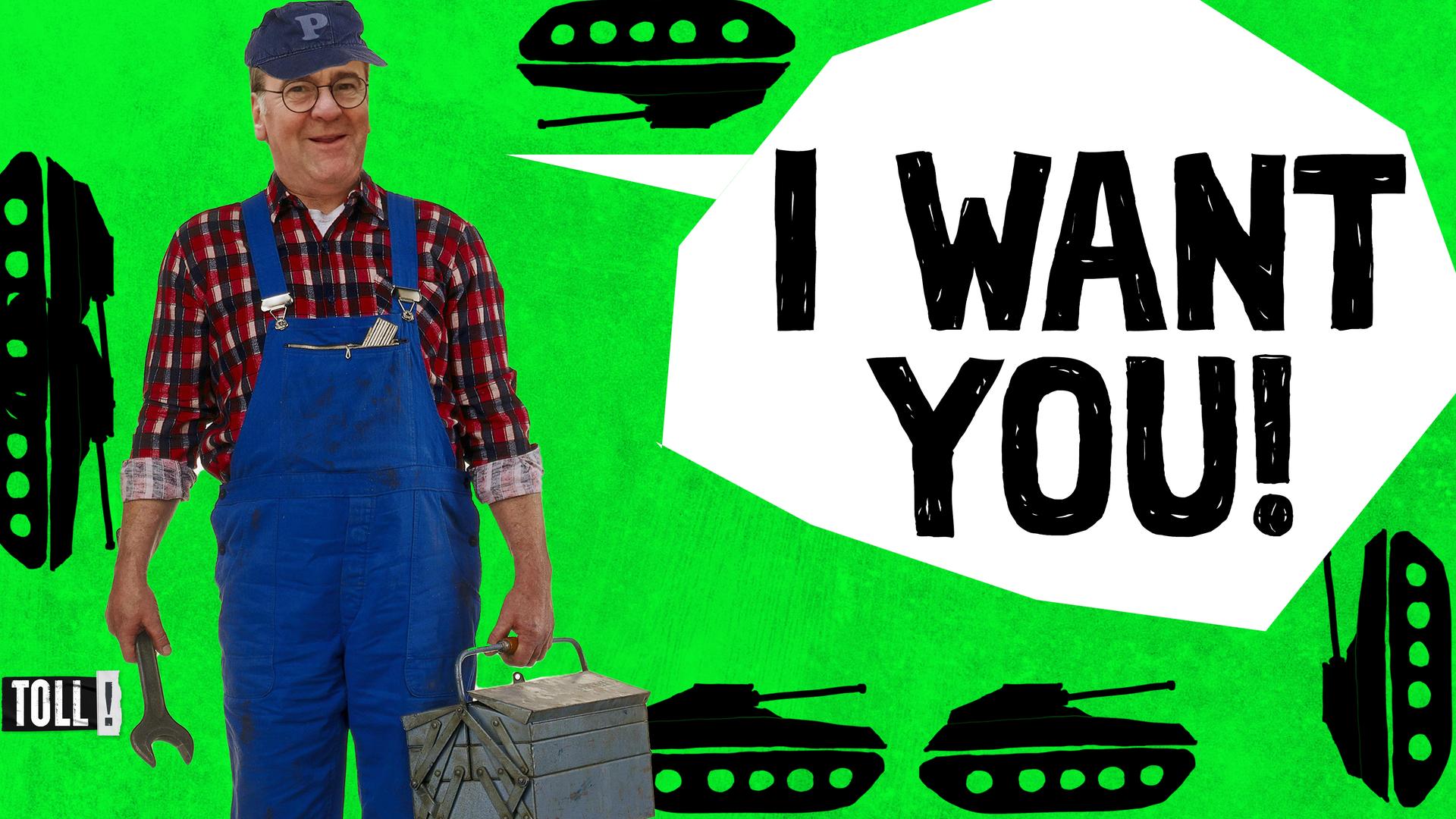 Montage: Verteidigungminister Boris Pistorius als Handwerker verkleidet, Sprechblase: I want you!