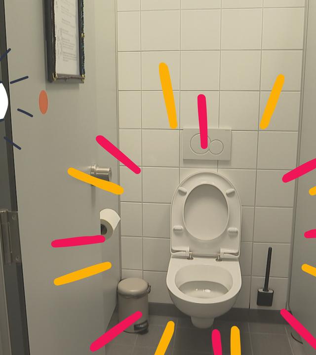 Schultoilette mit grafischen bunten Strahlen, daneben Daumen hoch