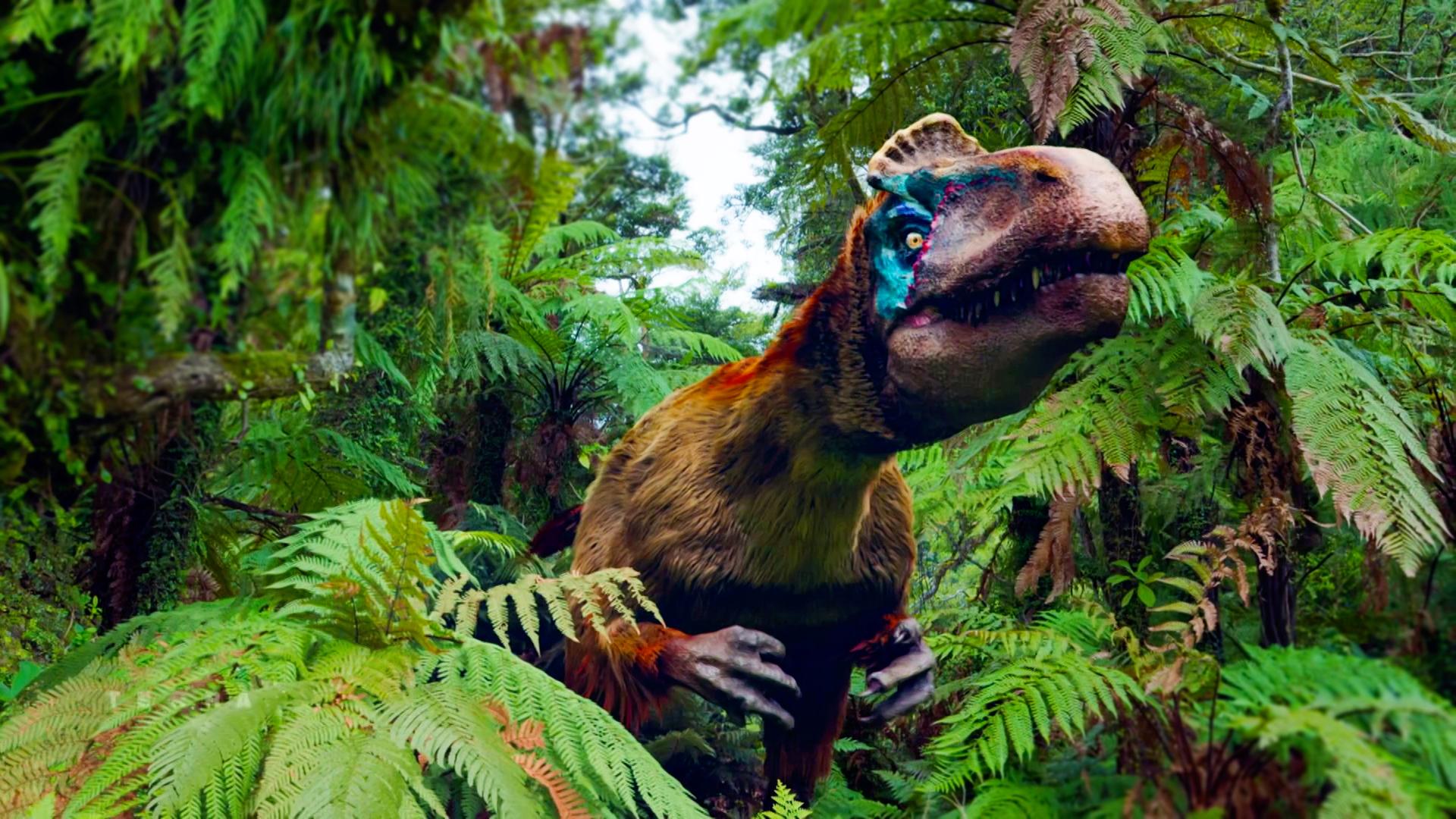 Ein Cryolophosaurus bewegt sich durch den Dschungel