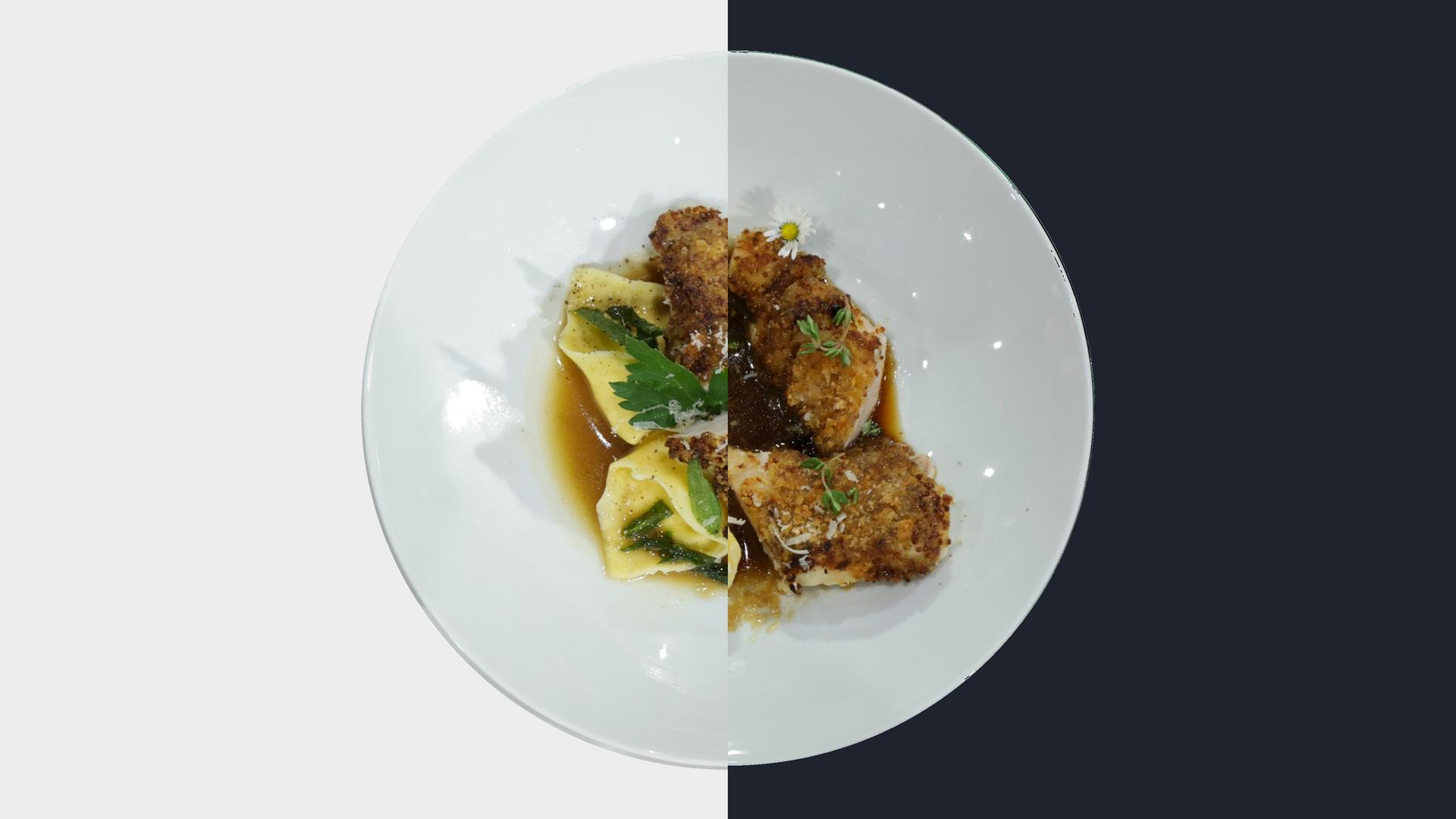 Sauerkraut-Tortelloni im Pilzsud und Kaninchenrücken mit Senfkruste