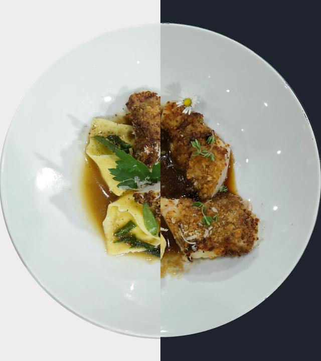 Sauerkraut-Tortelloni im Pilzsud und Kaninchenrücken mit Senfkruste