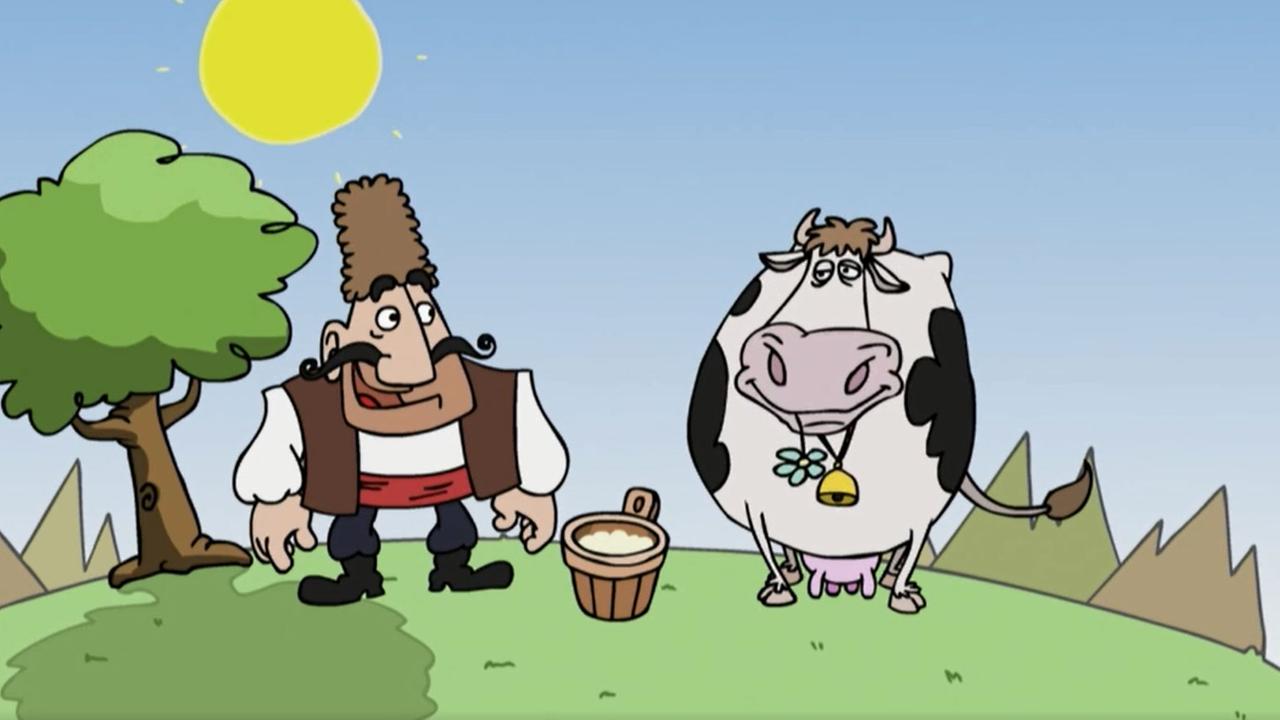 Zeichentrick: Ein Bauer (links) und seine Kuh (rechts), dazwischen steht ein Eimer Milch