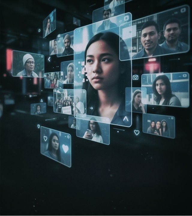 Frei im Raum schwebende Hologramme, die Gesichter von jungen Menschen zeigen. 