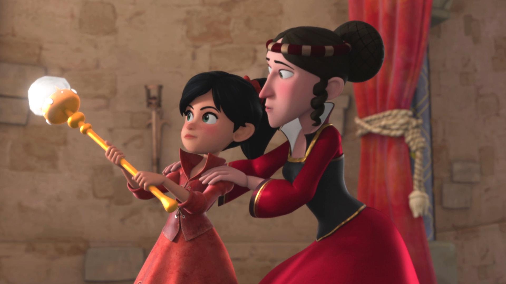 Scarlett (links) hält Richards Zepter in den Händen. Hinter ihr steht die vermeintliche Schmuckhändlerin (rechts) und hat die Hände auf Scarletts Schultern gelegt.