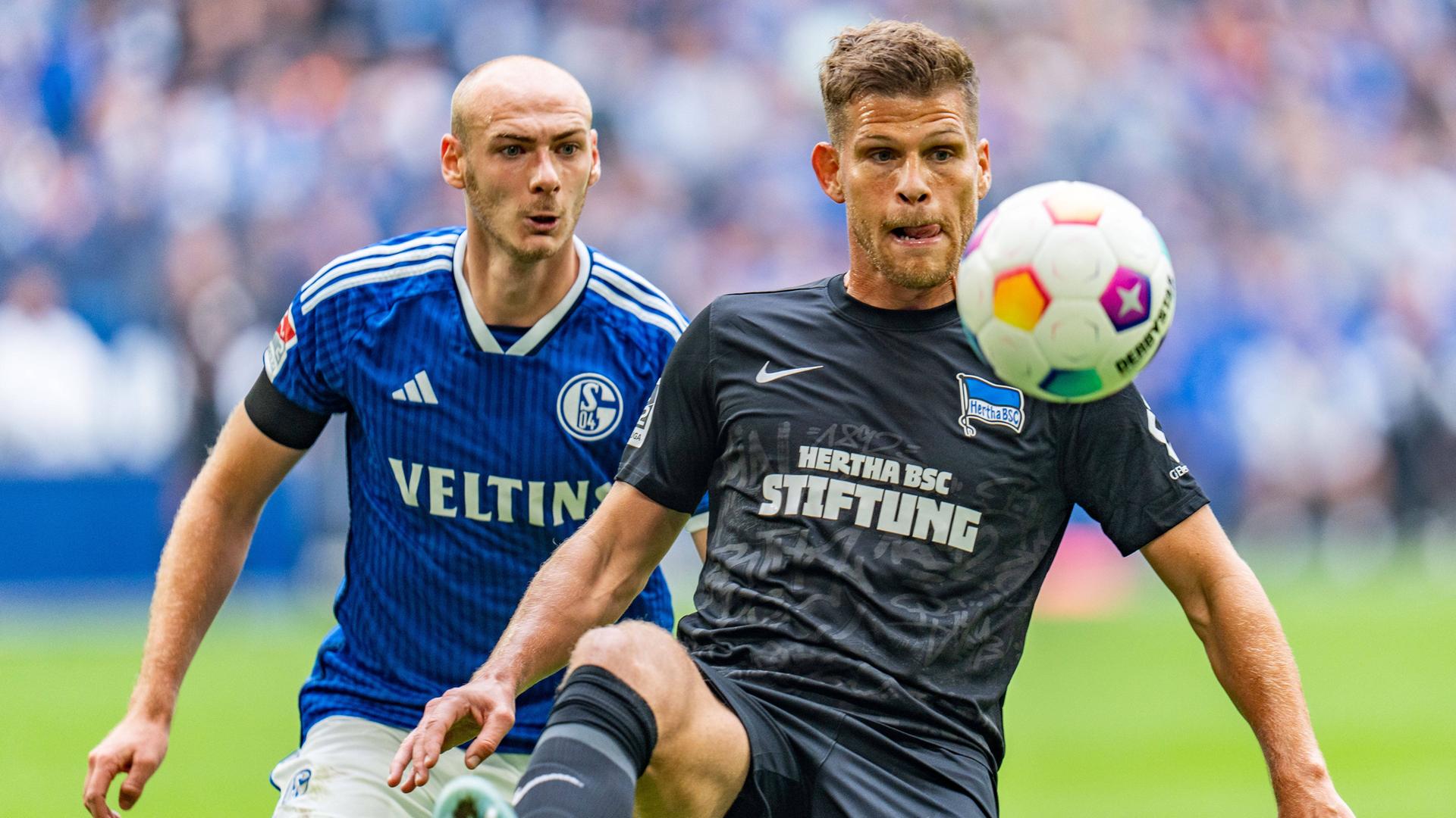 Herthas Florian Niederlechner und Schalkes Hennig Matriciani im Zweikampf am 08.10.2023.