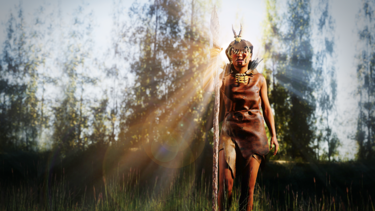 Spielszene (Unreal Engine): Eine Frau mit Kopfschmuck und Gesichtsbemalung blickt in die Kamera.