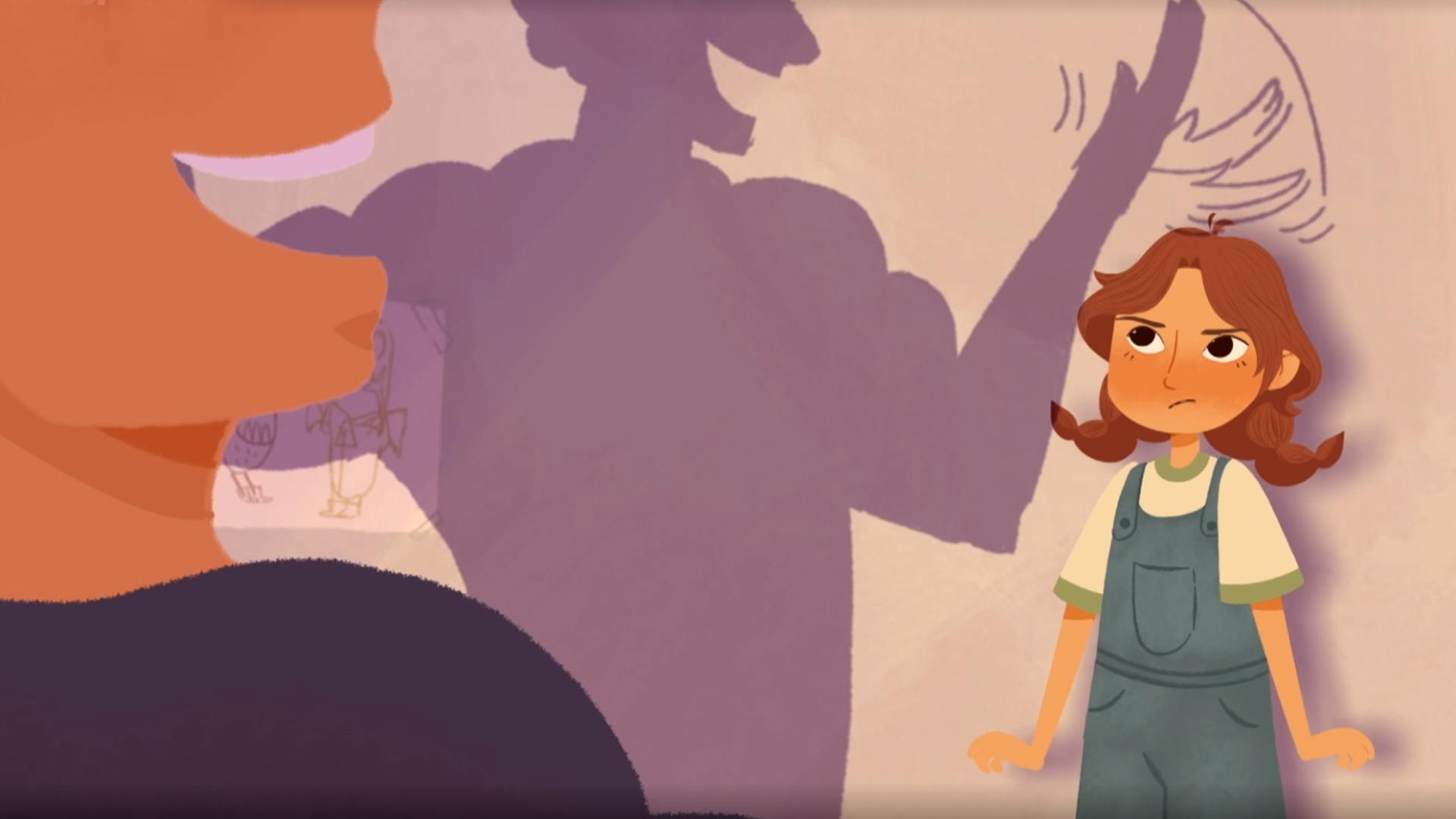 Animation: Ein Mädchen und ein großer Schatten im Hintergrund, der ihr auf den Kopf tätschelt. 