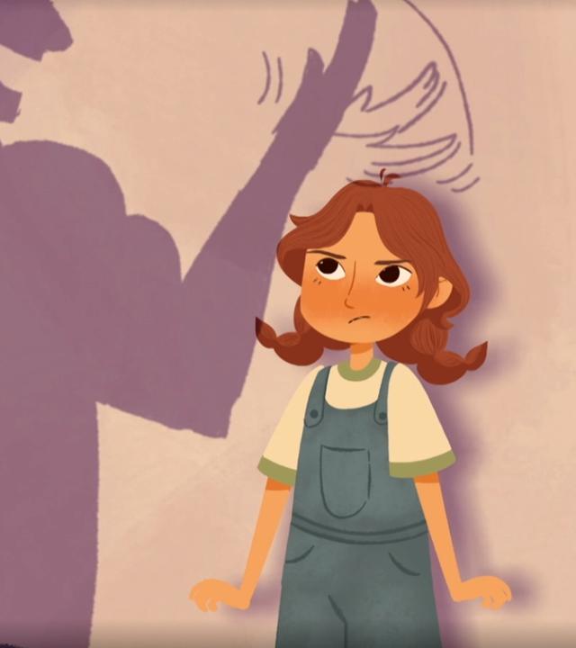 Animation: Ein Mädchen und ein großer Schatten im Hintergrund, der ihr auf den Kopf tätschelt. 