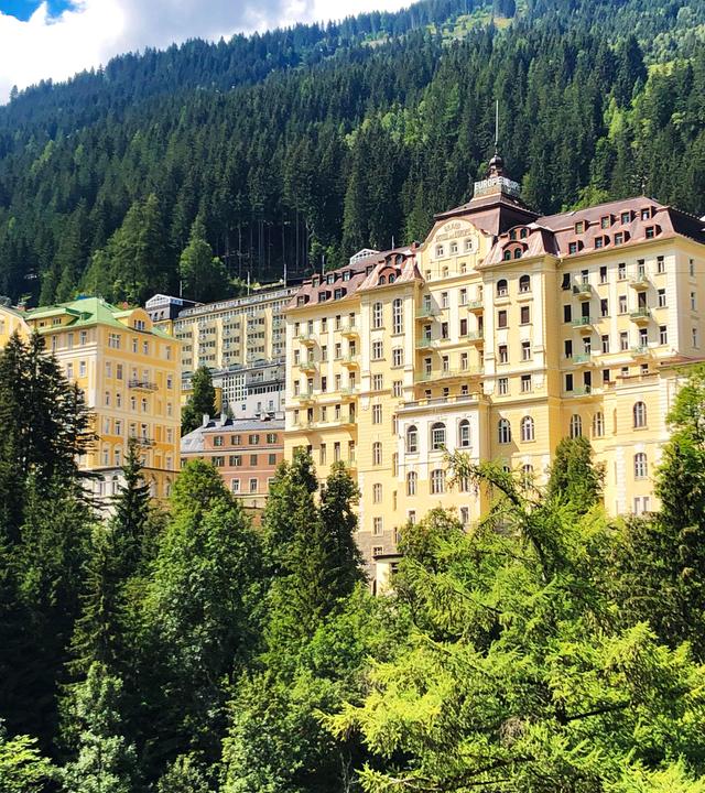 Das Bild zeigt eine Ansicht des Gasteinertals in Österreich, mit einem Fokus auf mehrere große Gebäude, die in einer bergigen Umgebung errichtet sind. Im Vordergrund sind dichte, grüne Bäume sichtbar, während im Hintergrund die bewaldeten Hänge der Berge aufsteigen.   Die Gebäude sind mehrstöckig und haben eine historisch anmutende Architektur, wobei viele von ihnen gelb gestrichen sind. Einige Dächer sind mit Schindeln gedeckt, und es gibt besondere architektonische Details wie Balkone. Das Wetter scheint schön zu sein, mit blauem Himmel und einigen weißen, fluffigen Wolken.  Die Szene vermittelt einen Eindruck von Erholung und Natur, passend zu den Informationen über die heilenden Eigenschaften des Wassers im Gasteinertal, das auch zur Energiegewinnung genutzt wird.