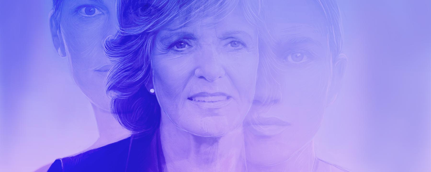 Illustration in Blautönen von drei Frauengesichtern unterschiedlichen Alters