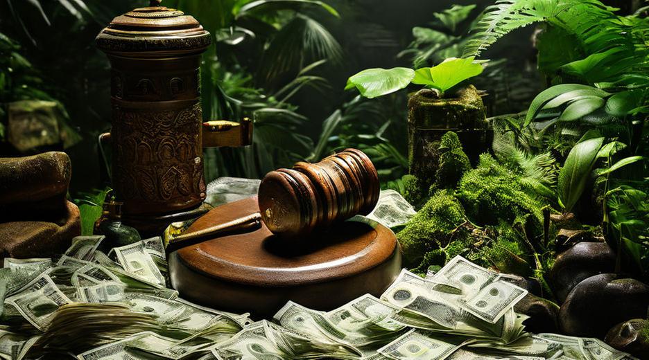 Ein Richterhammer im tropischen Regenwald mit vielen Geldscheinen.