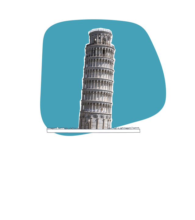Auf dem Bild ist ein grafischer blauer Hintergrund zu sehen, vor dem ein Bild des schiefen Turms von Pisa ist.