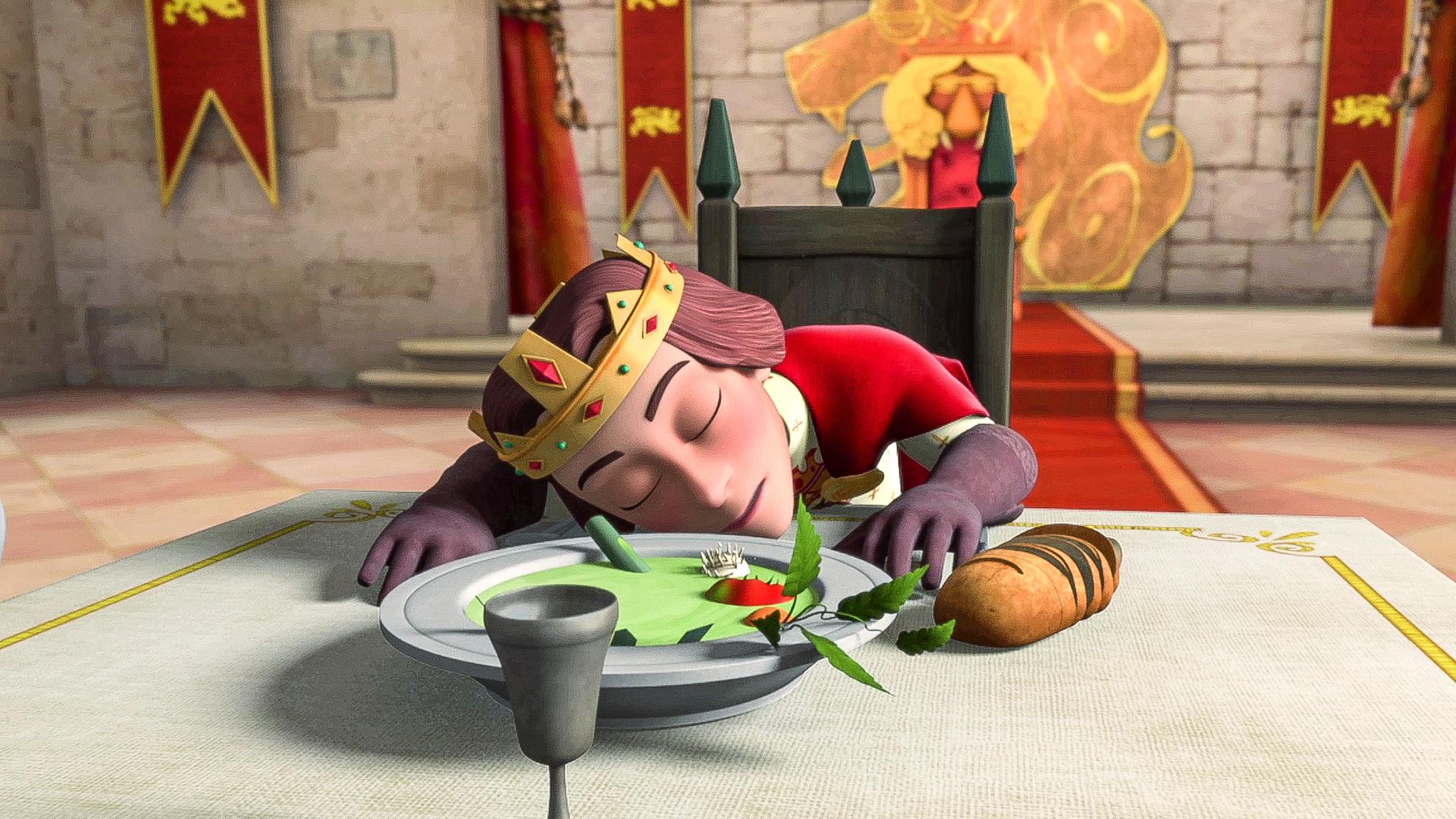 König Richard schläft mit dem Kopf auf dem gedeckten Tisch. 