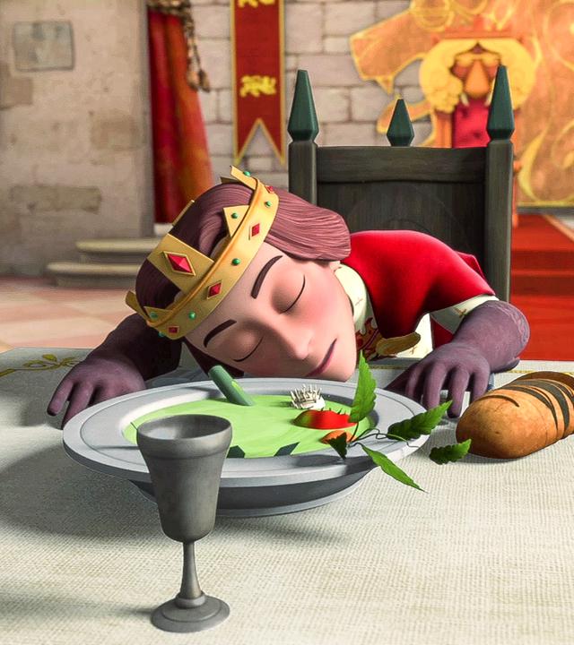 König Richard schläft mit dem Kopf auf dem gedeckten Tisch. 