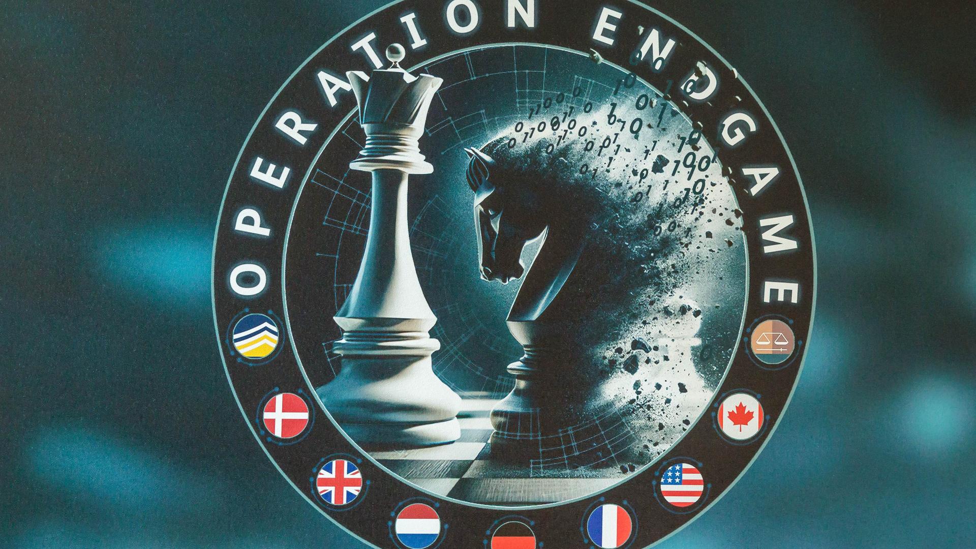 Das Logo der "Operation Endgame", aufgenommen auf einem Aufsteller bei einer Pressekonferenz zum Schlag gegen weltweite Cyberkriminalität bei der «Operation Endgame». 