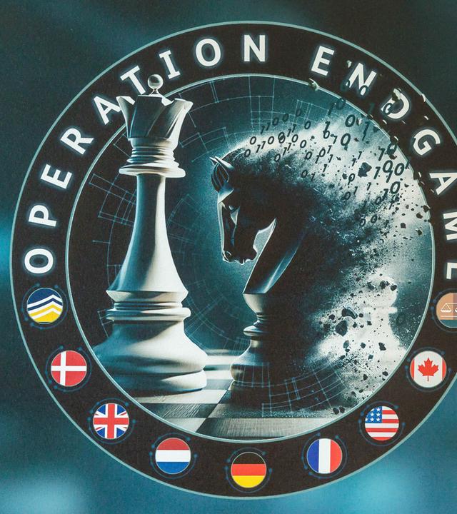Das Logo der "Operation Endgame", aufgenommen auf einem Aufsteller bei einer Pressekonferenz zum Schlag gegen weltweite Cyberkriminalität bei der «Operation Endgame». 