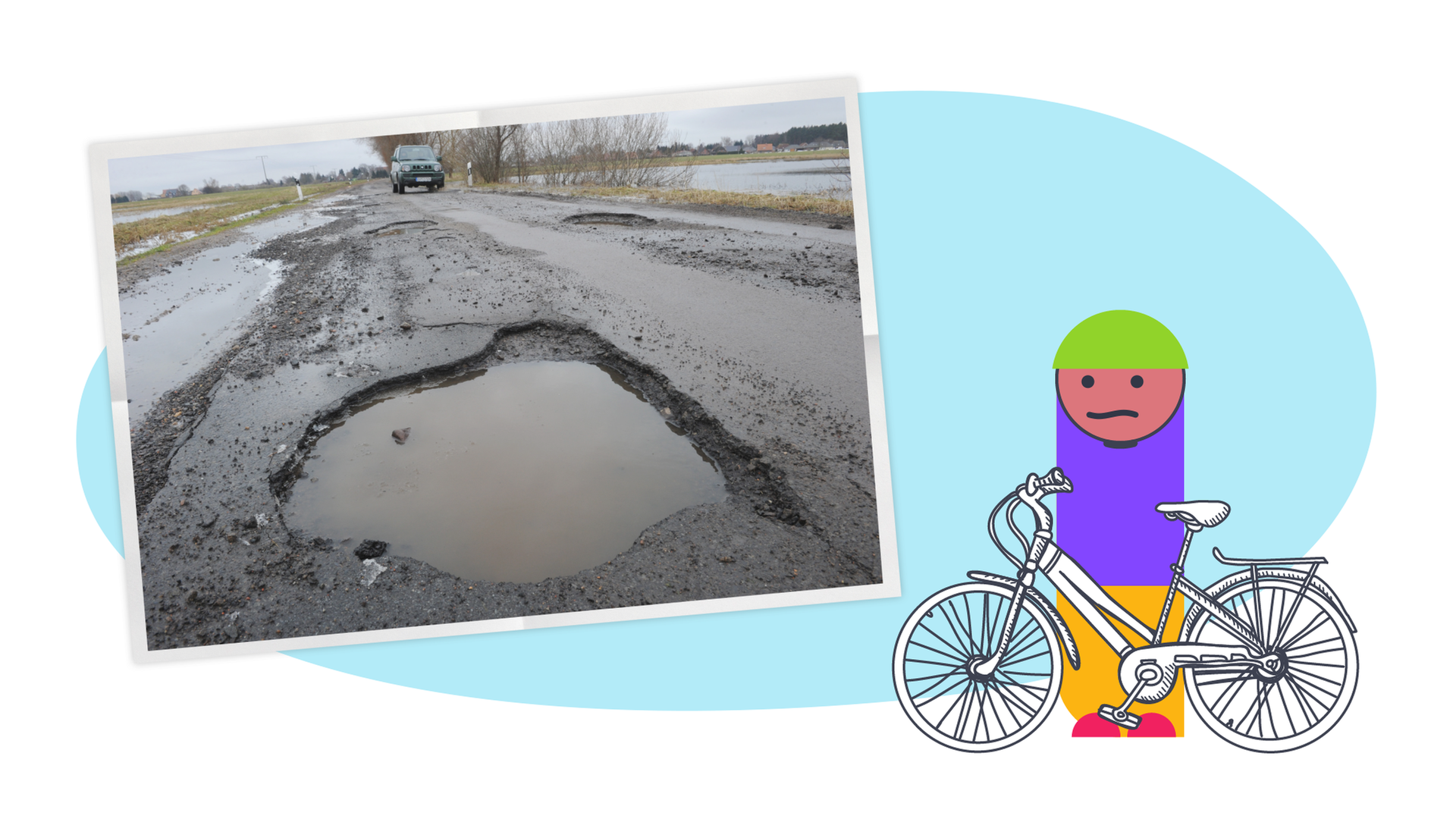 Foto von Straße mit Schlagloch und Grafik-Männchen mit Fahrrad und traurigem Blick