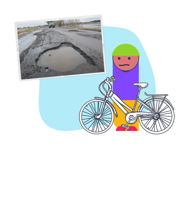 Foto von Straße mit Schlagloch und Grafik-Männchen mit Fahrrad und traurigem Blick