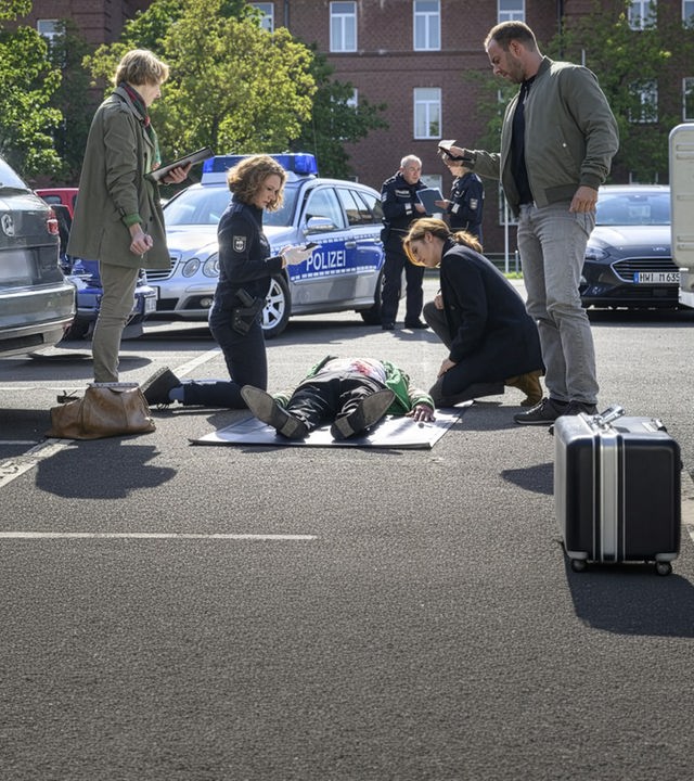 "SOKO Wismar – Schlechte Karten": Dr. Helene Sturbeck (Katharina Blaschke) und Lars Pöhlmann (Dominic Boeer) stehen bei der Leiche von Matteo Ritter (Omar Yussuf Bousnali), während Paula Moorkamp (Stella Hinrichs) und Karoline Joost (Nike Fuhrmann) knien.