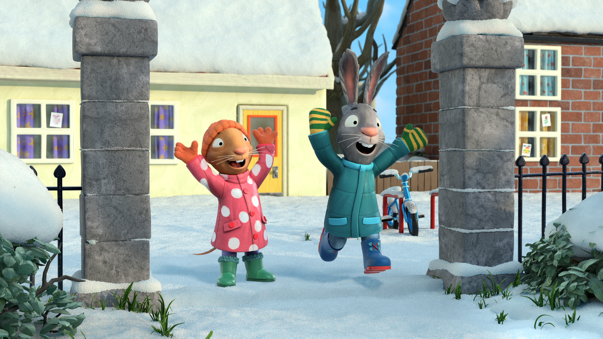 Posy und Pip freuen sich über den Schnee.