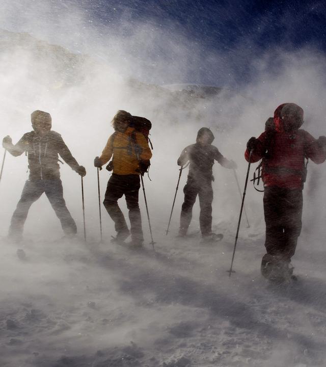 "Die Bergretter - Schneeblind (1)": Vier Männer auf Skiern stehen in einer Wolke aus Pulverschnee auf der Piste.