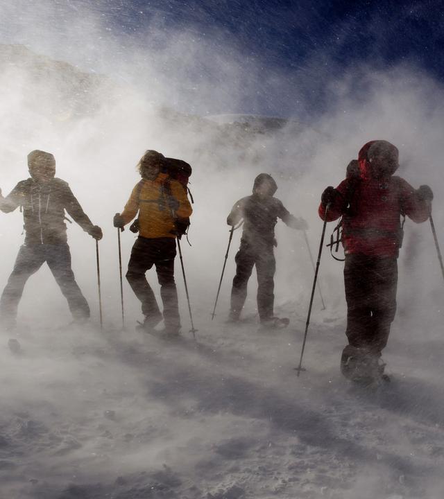 "Die Bergretter - Schneeblind (1)": Vier Männer auf Skiern stehen in einer Wolke aus Pulverschnee auf der Piste.