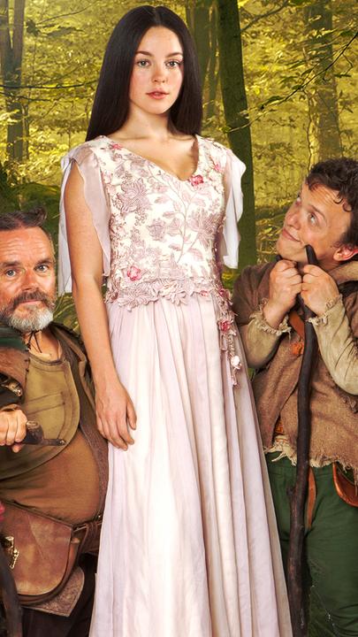 Im Wald stehen die Zwerge im Halbkreis um Schneewittchen.