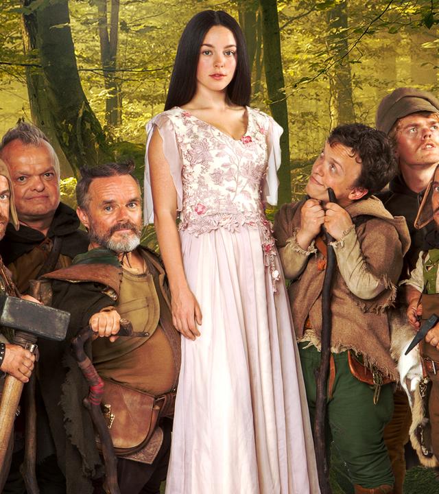 Im Wald stehen die Zwerge im Halbkreis um Schneewittchen.