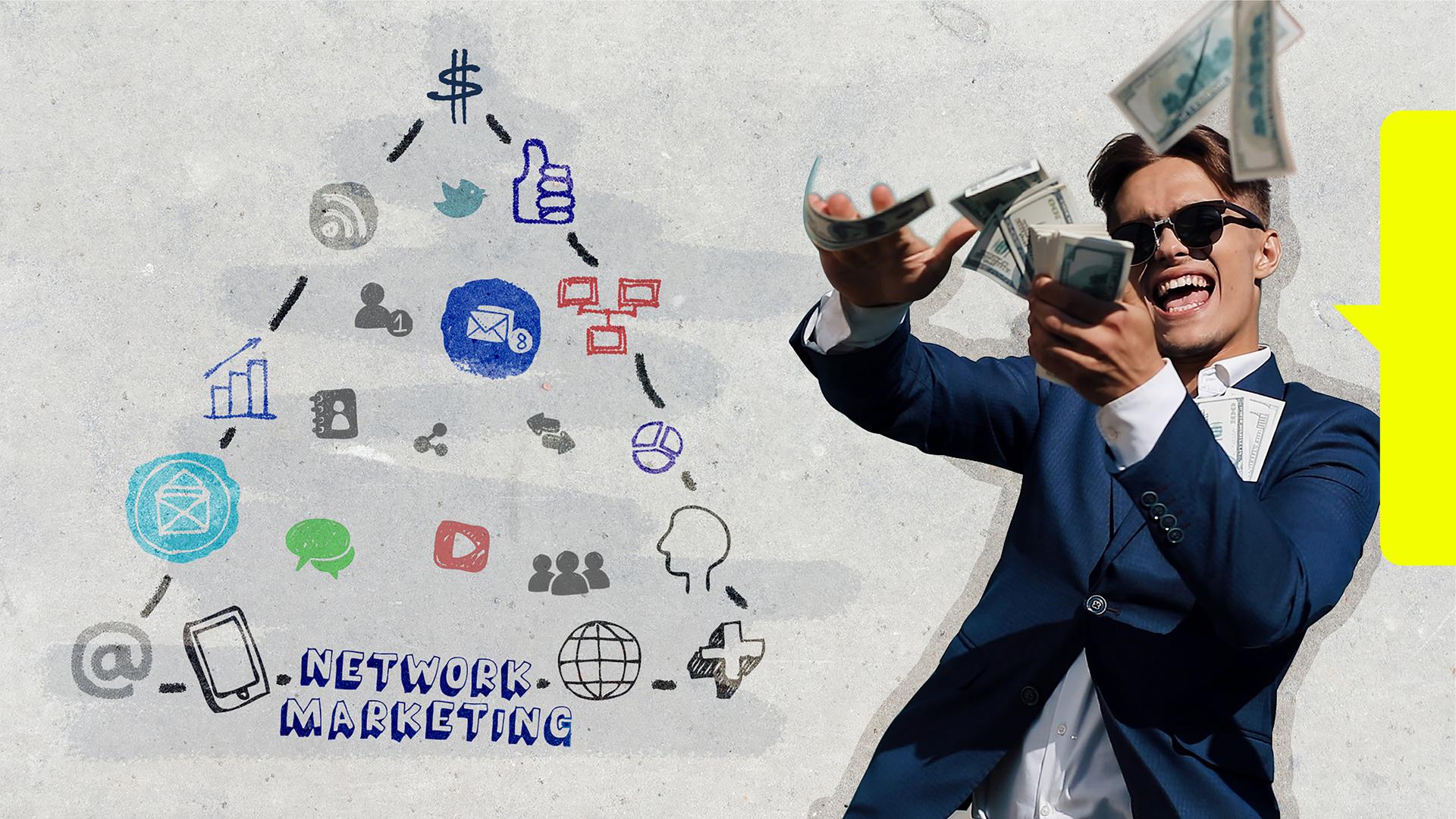 Grafik Rechts: Ein junger Mann wirft Geldscheine in die Luft und lacht. Er trägt einen blauen Anzug und eine Sonnenbrille. Auf der linken Seite ist die Skizze eines Dreiecks zu sehen, das die Aufschrift "Network-Marketing" trägt.