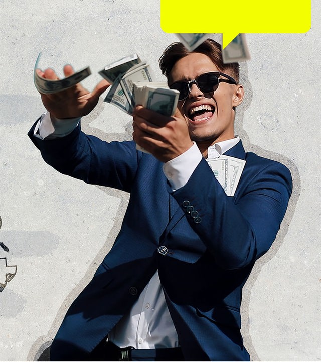 Grafik Rechts: Ein junger Mann wirft Geldscheine in die Luft und lacht. Er trägt einen blauen Anzug und eine Sonnenbrille. Auf der linken Seite ist die Skizze eines Dreiecks zu sehen, das die Aufschrift "Network-Marketing" trägt.