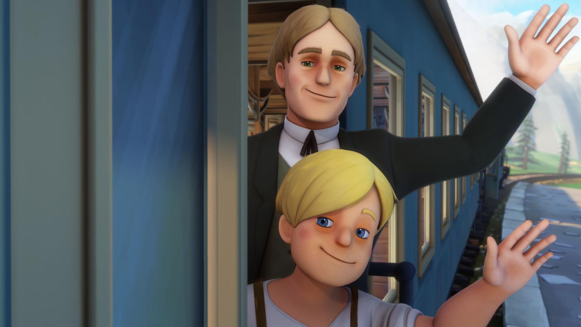 Karl und sein Vater winken aus dem Zug heraus.