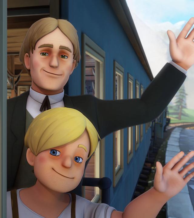 Karl und sein Vater winken aus dem Zug heraus.