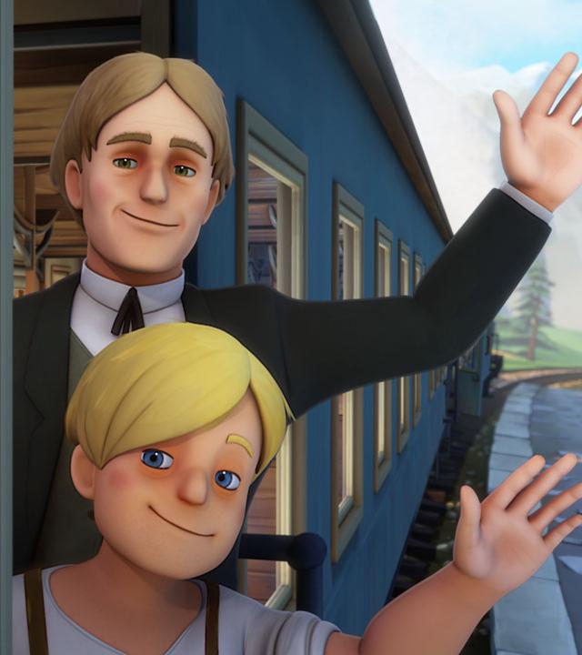 Karl und sein Vater winken aus dem Zug heraus.