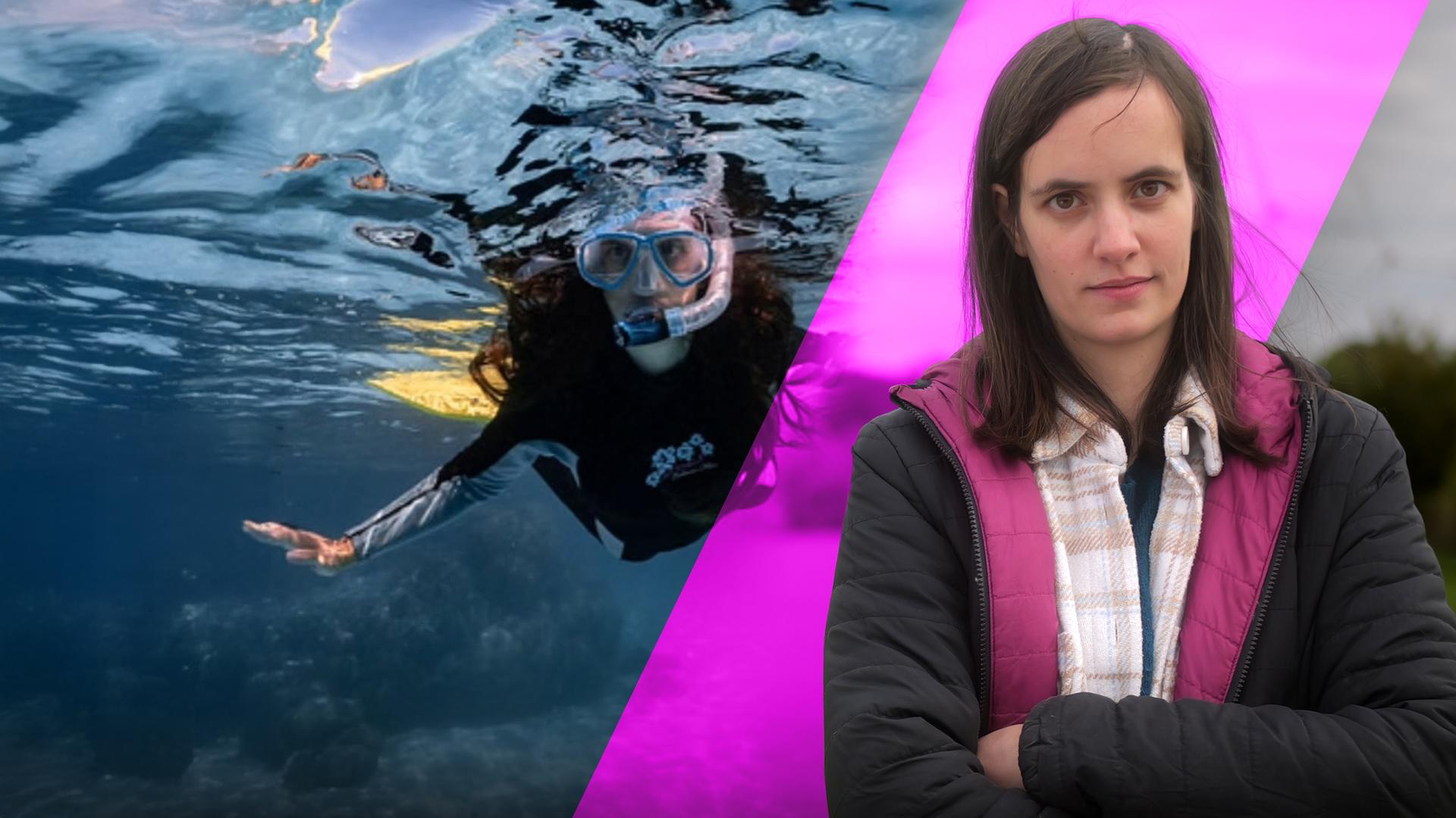 Auf der rechten Bildseite ist der Kopf einer jungen Frau zu sehen. Auf der linken Bildseite taucht die junge Frau unter Wasser.