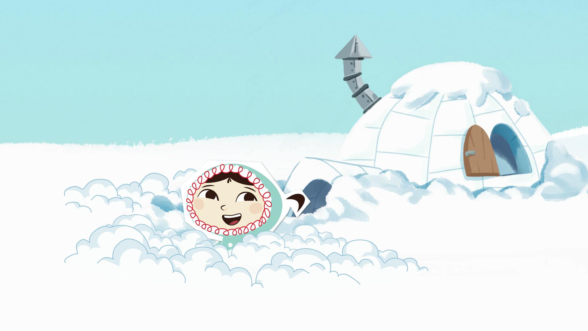 Inui schaufelt den Weg vor ihrem Iglu frei.