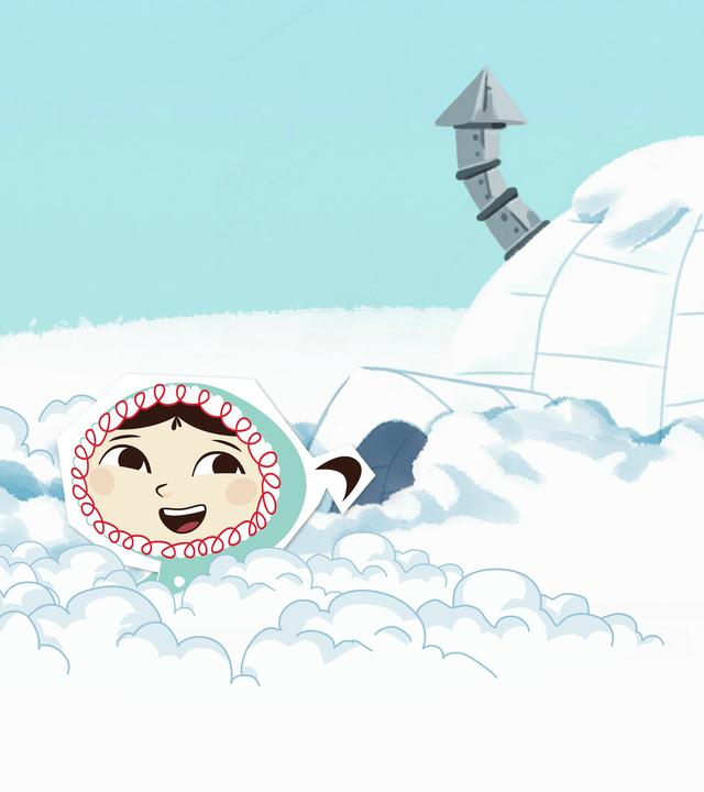 Inui schaufelt den Weg vor ihrem Iglu frei.