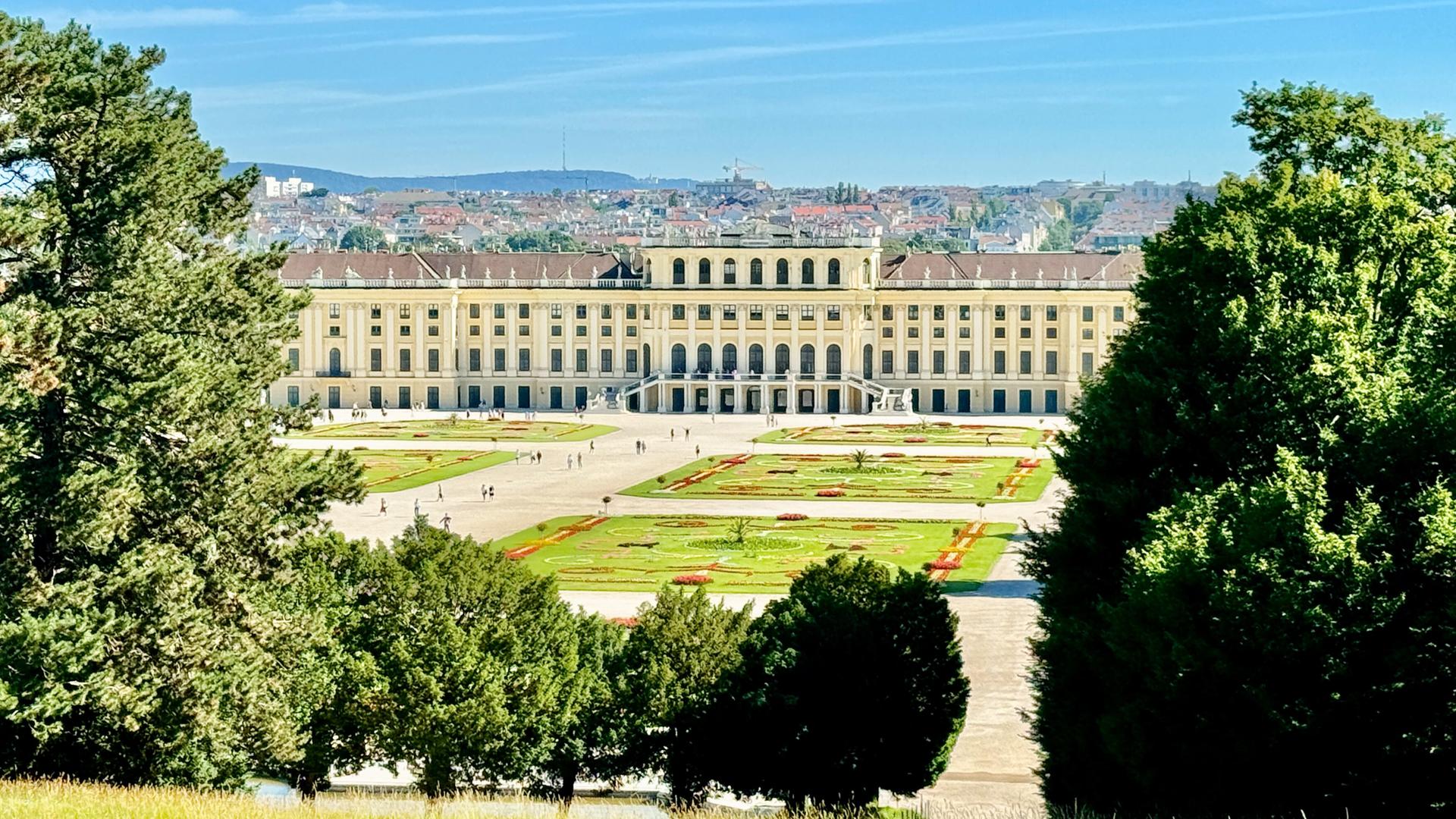 Auf dem Bild ist das Schloss Schönbrunn zu sehen, ein imposantes historisches Gebäude in Wien, Österreich. Das Schloss hat eine helle, gelbe Fassade mit mehreren großen Fenstern und einem symmetrischen Design. Vor dem Schloss erstreckt sich ein großer Garten, in dem geometrisch angelegte Blumenbeete und Rasenflächen sichtbar sind. Die Beete sind in verschiedenen Farben gestaltet und zeigen eine ordentliche, festliche Anordnung.   Im Vordergrund des Bildes sieht man Bäume, die den Garten an den Seiten einrahmen, und es gibt eine hügelige Wiese im Vordergrund. Auf dem Platz vor dem Schloss sind einige Besucher zu sehen, die spazieren gehen. Der Himmel ist klar und blau, mit nur wenigen kleinen Wolken. Die Landschaft um das Schloss herum zeigt die Stadt Wien im Hintergrund, mit Gebäuden und Hügeln.   Insgesamt vermittelt das Bild den Eindruck eines prächtigen, kulturell bedeutsamen Ortes, der sowohl historische als auch botanische Schönheit bietet.