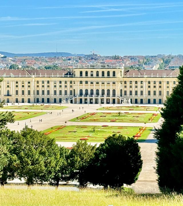 Auf dem Bild ist das Schloss Schönbrunn zu sehen, ein imposantes historisches Gebäude in Wien, Österreich. Das Schloss hat eine helle, gelbe Fassade mit mehreren großen Fenstern und einem symmetrischen Design. Vor dem Schloss erstreckt sich ein großer Garten, in dem geometrisch angelegte Blumenbeete und Rasenflächen sichtbar sind. Die Beete sind in verschiedenen Farben gestaltet und zeigen eine ordentliche, festliche Anordnung.   Im Vordergrund des Bildes sieht man Bäume, die den Garten an den Seiten einrahmen, und es gibt eine hügelige Wiese im Vordergrund. Auf dem Platz vor dem Schloss sind einige Besucher zu sehen, die spazieren gehen. Der Himmel ist klar und blau, mit nur wenigen kleinen Wolken. Die Landschaft um das Schloss herum zeigt die Stadt Wien im Hintergrund, mit Gebäuden und Hügeln.   Insgesamt vermittelt das Bild den Eindruck eines prächtigen, kulturell bedeutsamen Ortes, der sowohl historische als auch botanische Schönheit bietet.