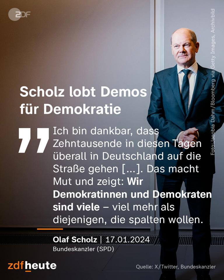 Ein Bild von Bundeskanzler Scholz mit einem Zitat von ihm im Vordergrund