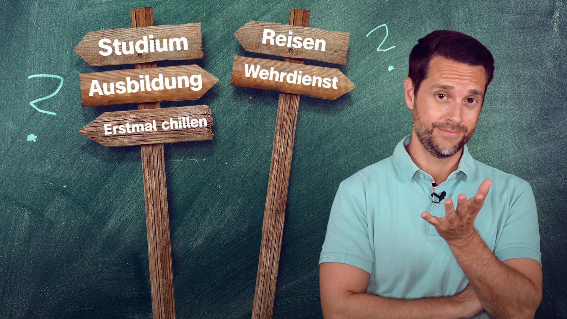 Mirko Drotschmann vor Wegweisern mit den Aufschriften "Studium", "Ausbildung", "Wehrdienst" und "Reisen".
