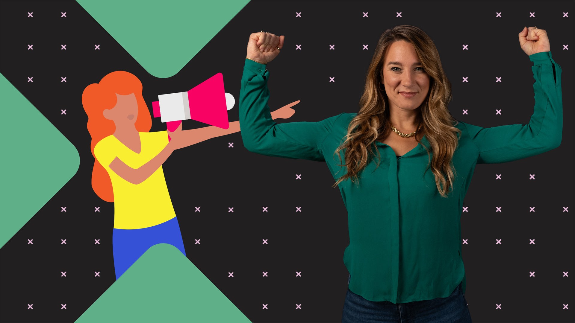 Im Vordergrund steht Jasmina Neudecker in einer kraftvollen Muskelpose mit seitlich erhobenen Armen. Neben ihr ist eine Grafik zu sehen, die eine Frau darstellt, die mit einem Megaphon spricht und dabei direkt auf Jasmina zeigt.