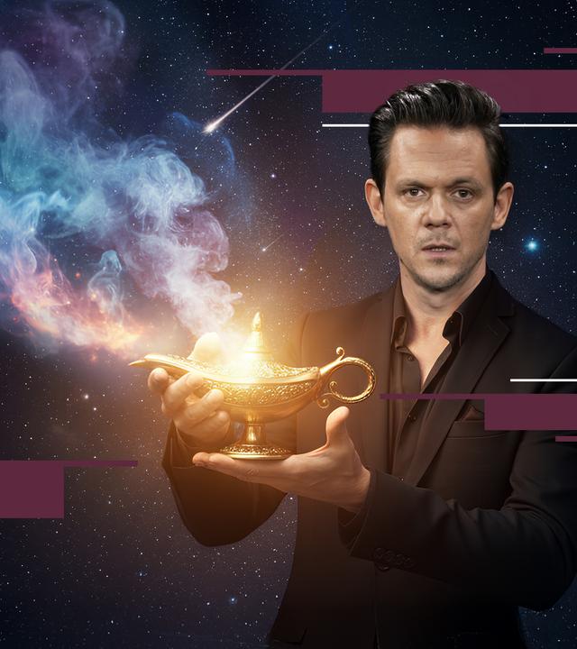 Moderator Jo Schück mit Wunderlampe und Sternschnuppen im Hintergrund.