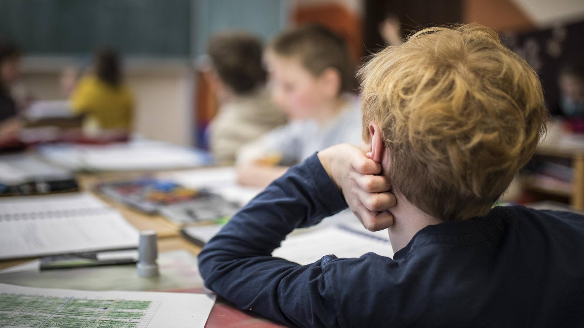 Ein Schüler ist von hinten im Klassenzimmer sitzend zu sehen. Er stützt seinen Kopf auf die Hand.
