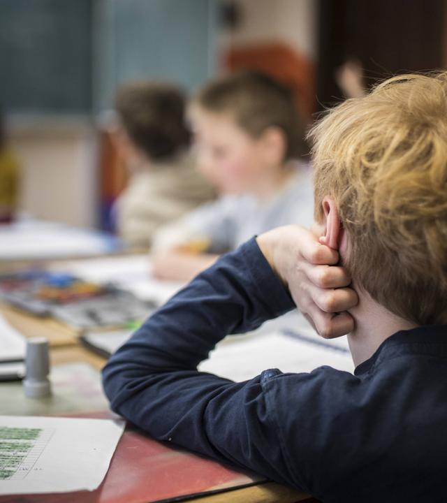 Ein Schüler ist von hinten im Klassenzimmer sitzend zu sehen. Er stützt seinen Kopf auf die Hand.